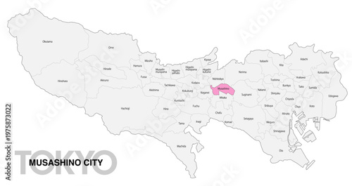 [日本地図] 東京都武蔵野市の市区町村名入り位置地図 (英語)