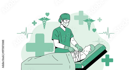 Surgeon Performing Operation on Patient in Operating Room with Medical Icons