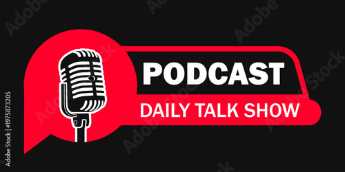 podcast logo text badge black red label template design streaming talk show background