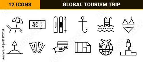 Minimalist travel icons set in thin line style for tourism and vacation design