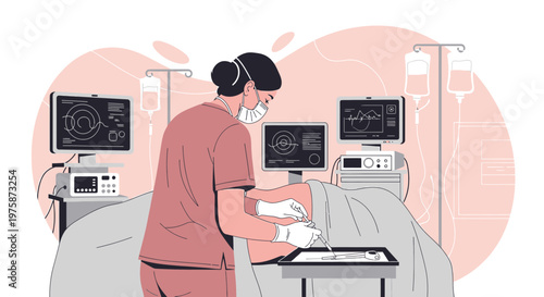 Surgeon Performing Procedure in Modern Operating Room with Medical Equipment