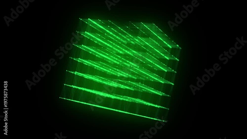 Abstract green cube with connecting dots and lines. Big data visualization. Blockchain technology concept. Wireframe network connection structure. 3d rendering.