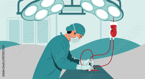 Surgeon Performing Surgery with Blood Transfusion Under Operating Room Lights