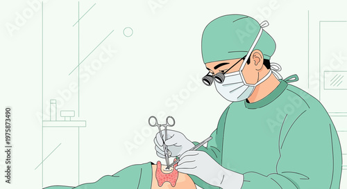 Surgeon Performing Thyroid Surgery with Magnifying Loupes in Operating Room