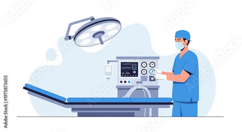 Surgeon prepares for surgery in operating room with medical equipment and patient bed.