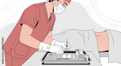 Surgeon Prepares Medical Instruments for Operation, Sterile Tray with Syringes and Vials