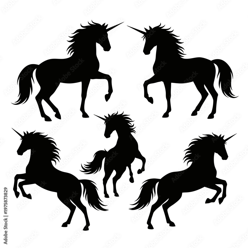 Fototapeta premium Black Unicorn Silhouettes Collection - Mythical Creatures Graphic Elements