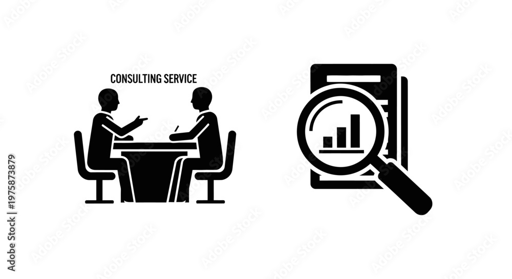 Naklejka premium Business consulting service with data analysis and meeting icons