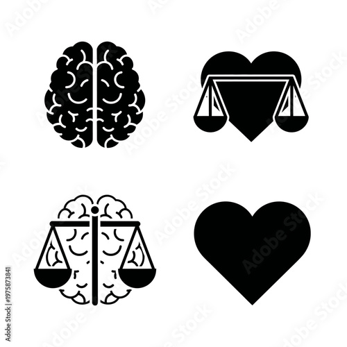 Brain and Heart Balance Scales, Logic vs Emotion, Rationality vs Feeling Icons