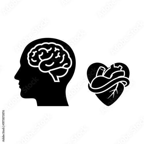 Brain and Heart Silhouette Icons: Logic vs Emotion, Mind vs Body
