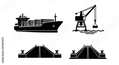 Cargo Ship, Crane, and Docks: Industrial Port Logistics Icons