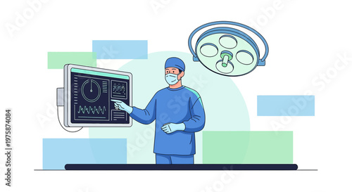 Surgeon Using Futuristic Monitor in Operating Room, Medical Technology Concept