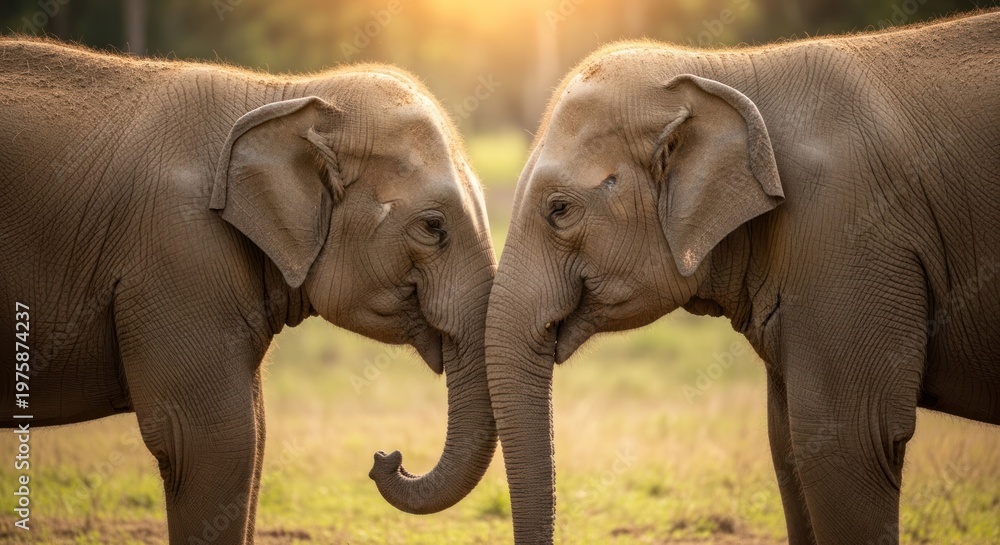 Obraz premium Two elephants standing in a grassy field, facing each other with their trunks intertwined.
