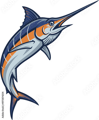Marlin fish vector illustration set with sea anchor jumping swordfish isolated on white background