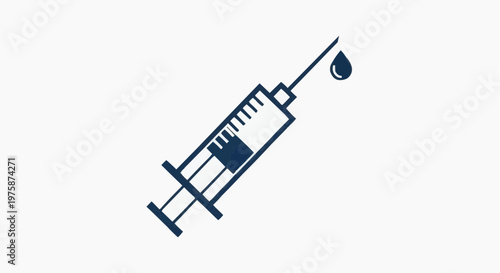 Medical syringe icon with needle and liquid drop, dark blue vaccine injection vector illustration, healthcare treatment symbol for clinical use