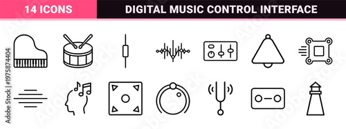 Audio and music production line icons set in minimalist style