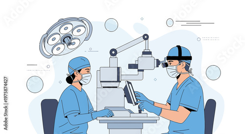 Surgeons in Operating Room Performing Surgery with Microscope and Medical Equipment