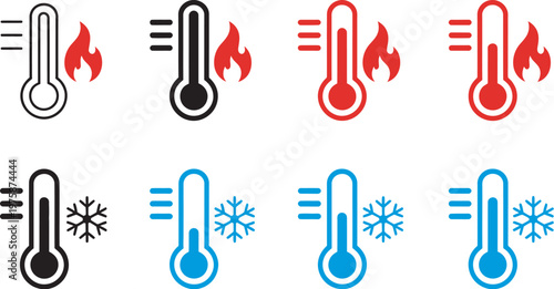 Hot and cold temperature icon set, thermometer with snowflake and fire, warm and cool weather indicator, winter summer climate symbol, temperature sign