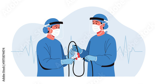 Surgeons in protective gear performing a medical procedure with surgical equipment