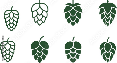Set of green hop cone icons in various styles plant ingredient