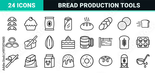 Bakery and bread production minimalist thin line icon set