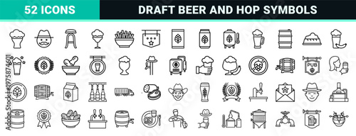 Brewery and beer pub line icon set with hops and bar equipment.