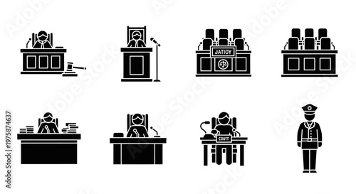 Courtroom Icons: Judge, Jury, Gavel, Lawyer, Clerk, Officer