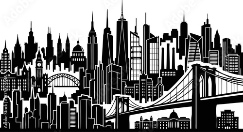 Modern Metropolis Skyline Vector Illustration with Suspension Bridge and Skyscrapers, Urban Cityscape Line Art for Business Branding and Web Background