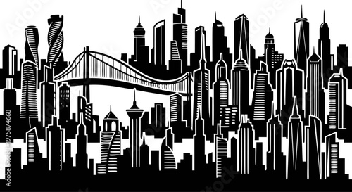 Modern Metropolis Skyline Vector Illustration with Suspension Bridge and Skyscrapers, Urban Cityscape Line Art for Business Branding and Web Background