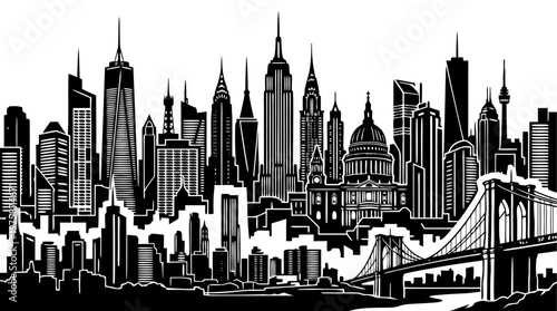 Modern Metropolis Skyline Vector Illustration with Suspension Bridge and Skyscrapers, Urban Cityscape Line Art for Business Branding and Web Background