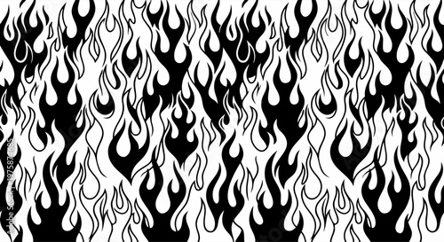 Fire Flame Pattern Vector. Black and White Hand Drawn Background for Streetwear Design, Energy Drink Branding, and Spicy Food Packaging