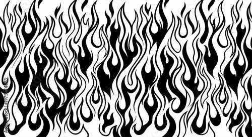 Fire Flame Pattern Vector. Black and White Hand Drawn Background for Streetwear Design, Energy Drink Branding, and Spicy Food Packaging
