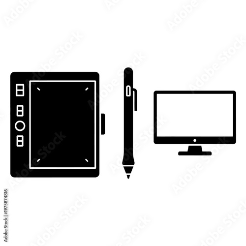 Digital Art Setup: Graphics Tablet, Stylus Pen, and Computer Monitor