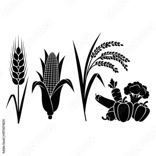 Diverse Agricultural Harvest: Wheat, Corn, Rice, and Vegetables Silhouette