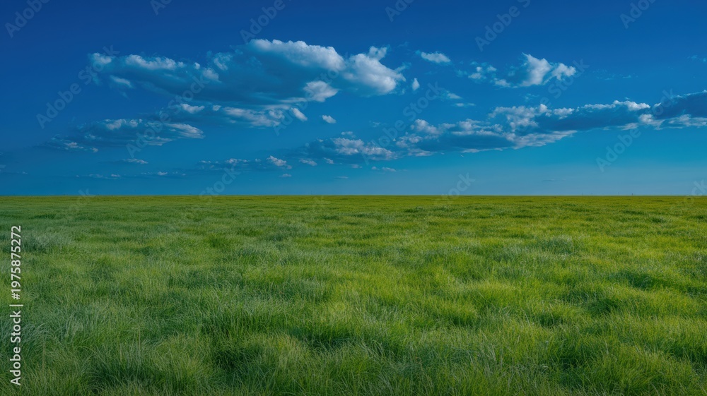 Obraz premium Green grass field under blue sky with white clouds on sunny day