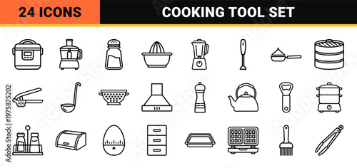 Kitchen appliances and cooking utensils minimalist line icon set