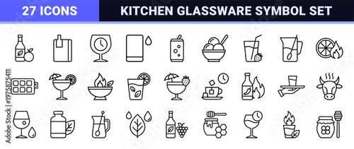 Minimalist outline drink and beverage icon set with bottles and glasses