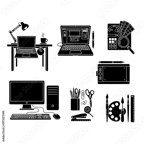 Graphic designer's workspace with digital art tools and computer setup