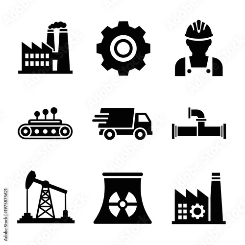 Industrial Icons Set: Factory, Gear, Worker, Truck, Oil Pump, Cooling Tower