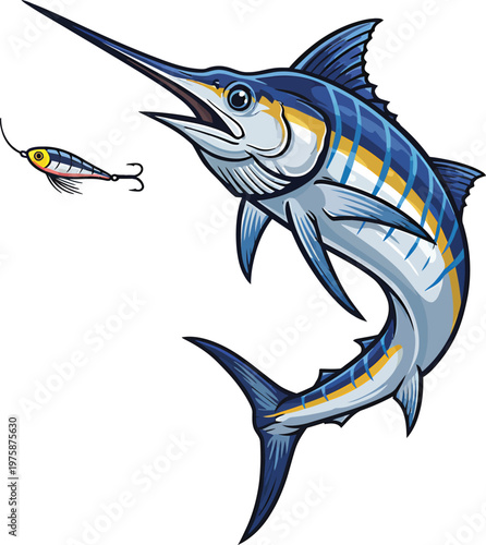 Marlin fish vector illustration set with fishing lure jumping swordfish isolated on white background