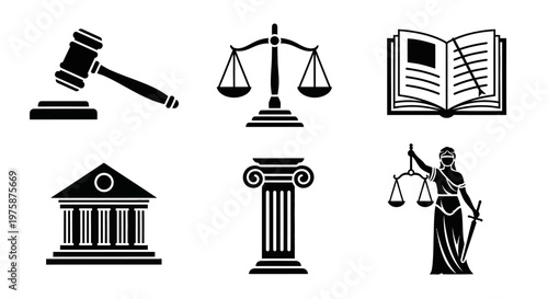 Law and Justice Icons: Gavel, Scales, Book, Courthouse, Pillar, Lady Justice