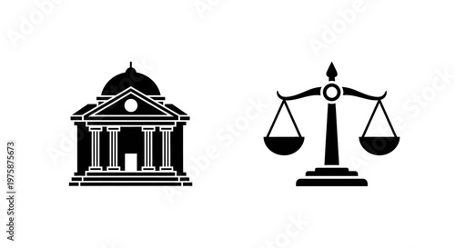 Law and Justice Icons: Courthouse Building and Scales of Justice