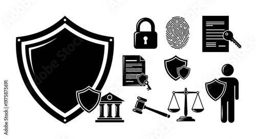 Law and Security Icons: Shield, Lock, Fingerprint, Gavel, Scales of Justice, Court Building
