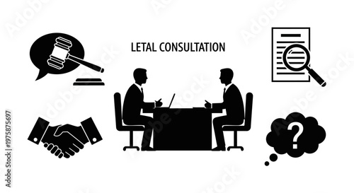 Legal Consultation: Lawyer Meeting Client, Gavel, Handshake, Document Analysis, Question Mark