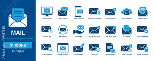 Mail solid vector glyph icon set including computer email, mobile message, paperclip attachment, message inbox, notification badge, file sending, and secure encryption icons.