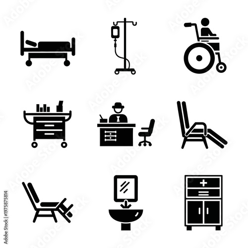 Medical Icons: Hospital Bed, Wheelchair, Doctor, IV Drip, Cabinet, Sink, Chair