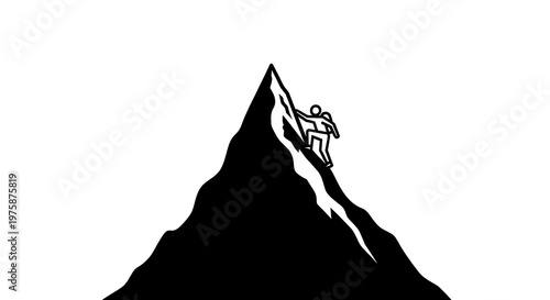 A lone climber navigates the steep, treacherous ascent of a dark, imposing mountain peak, embodying perseverance and the spirit of exploration