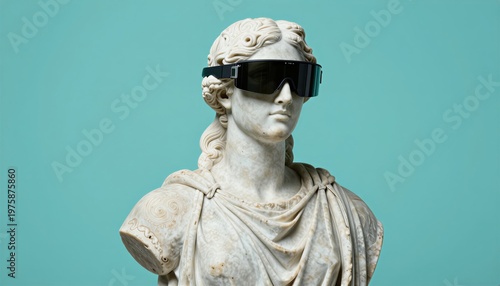 A statue of a woman wearing sunglasses. The statue is made of marble and is standing on a blue background. The woman's sunglasses give her a cool and mysterious appearance
