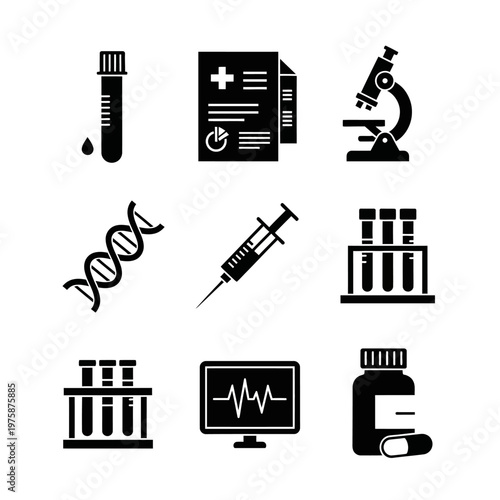 Medical Science Icons: DNA, Microscope, Syringe, Test Tubes, Monitor, Pills