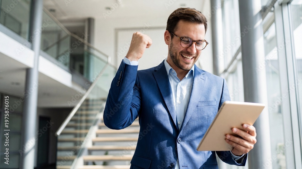 Fototapeta premium Happy businessman celebrating success while holding tablet in modern office environment showing achievement and motivation 